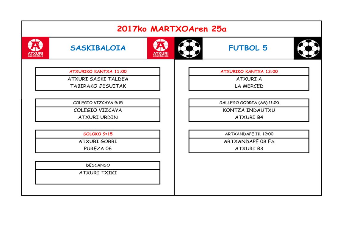 Saski eta futboleko partiduen ordutegia 2017.03.25