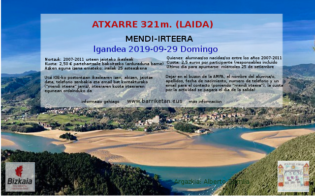 2019-09-29 “Atxarre (321 m) -Laida-” Mendi irteerak Bizkaiko Mendizale Federazioaren eskutik