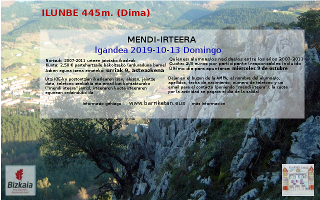 2019-10-13 “Ilunbe (445 m) -Dima-” Mendi irteerak Bizkaiko Mendizale Federazioaren eskutik